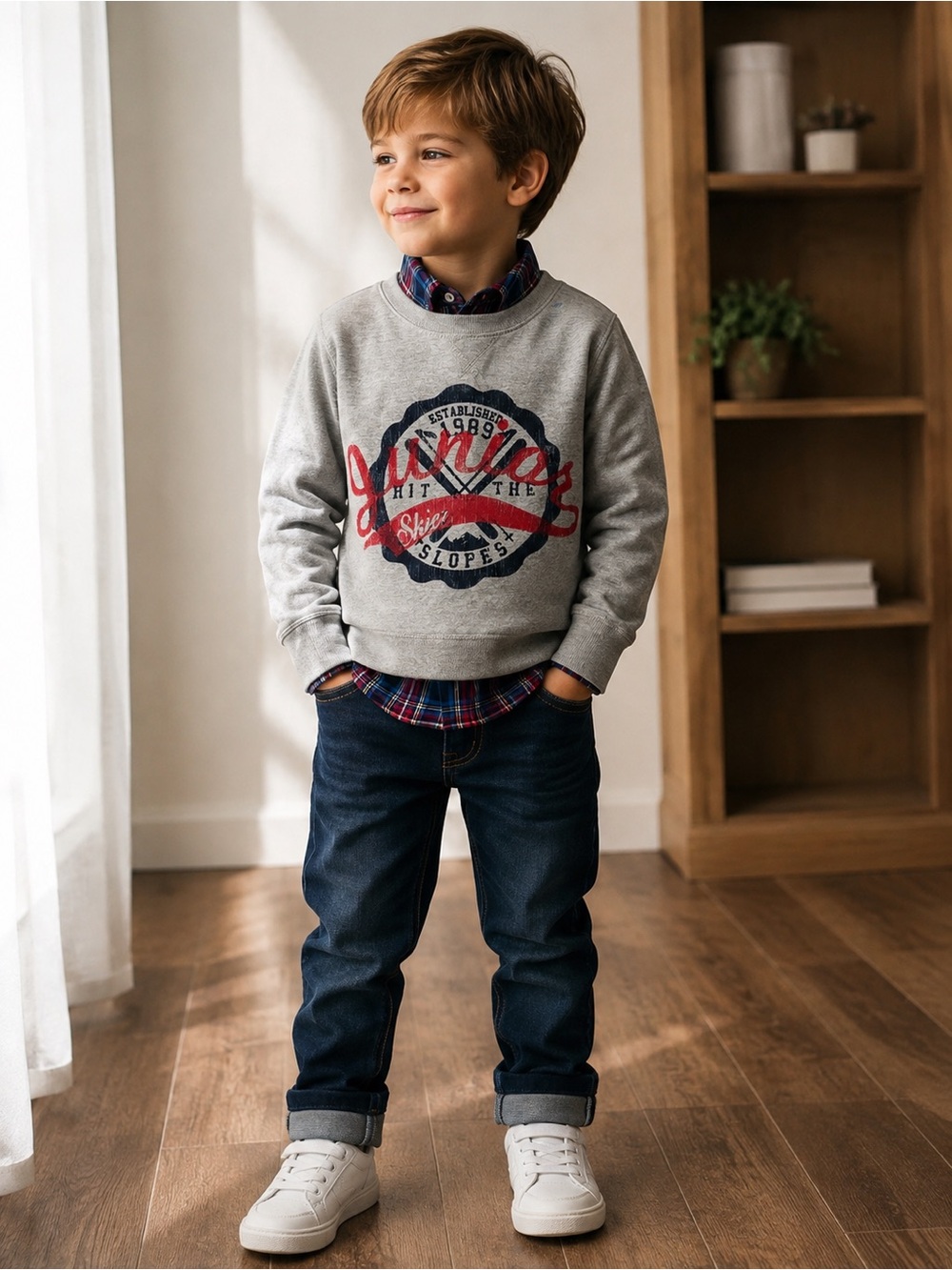 The Children's Place Grey Sweatshirt with Red & Navy Graphic and Plaid Collar
